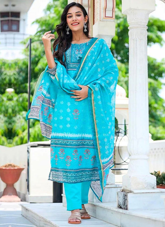 Straight Salwar Suit Chanderi Aqua Blue Print Salwar Kameez