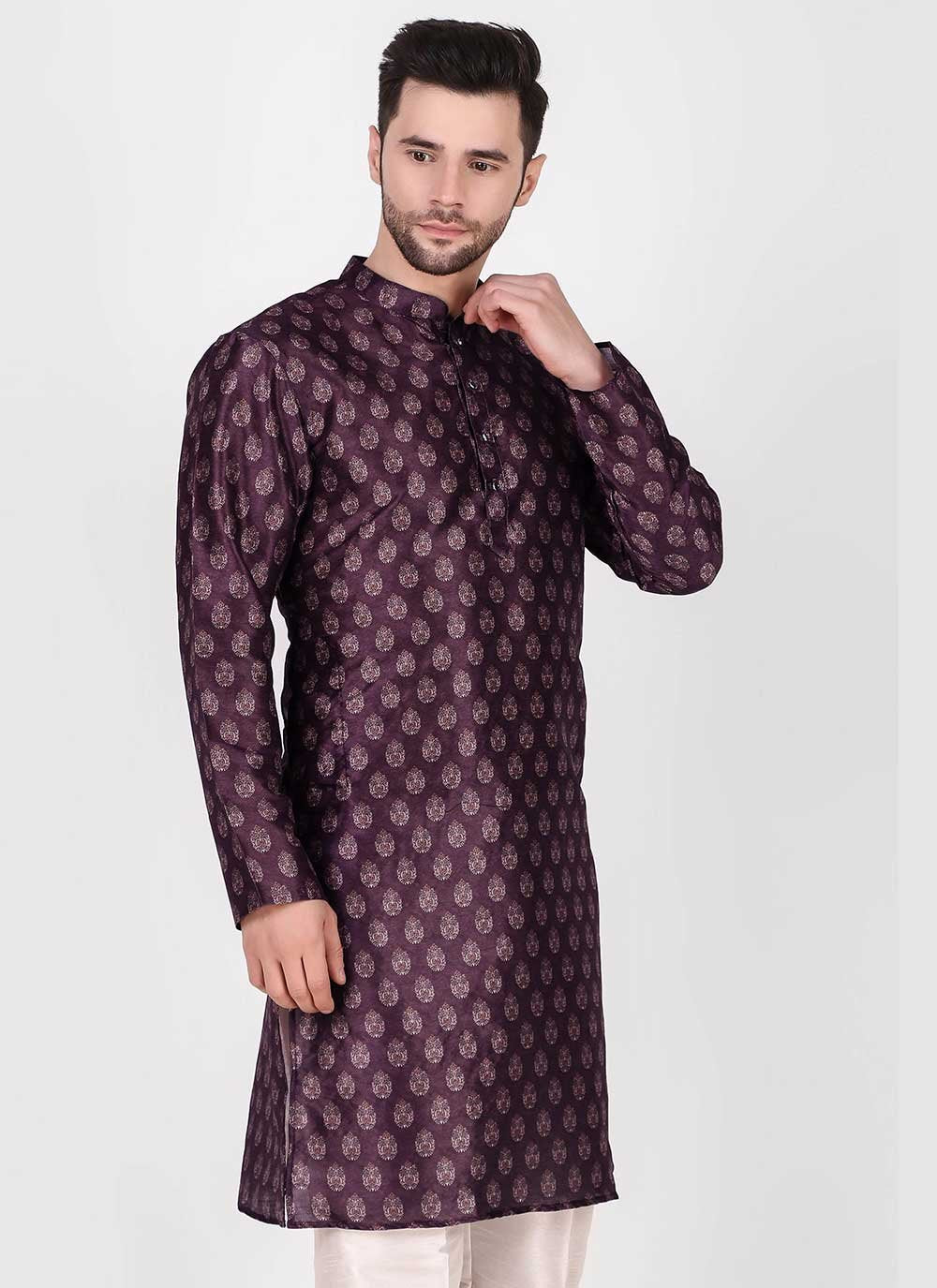 Kurta Pyjama Art Silk Purple Print Mens