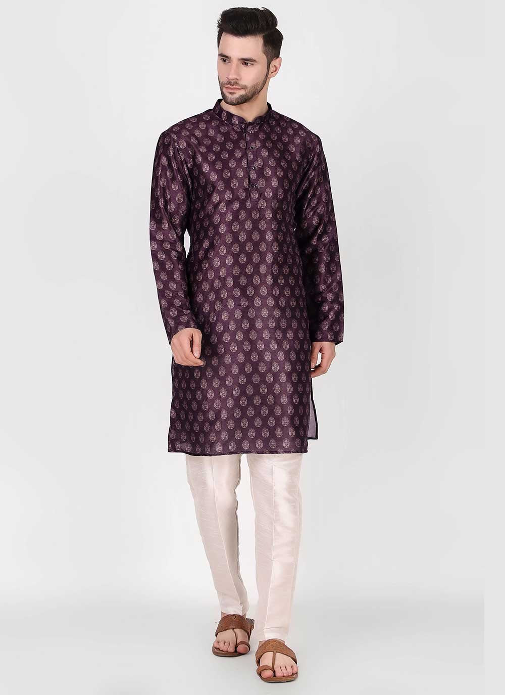 Kurta Pyjama Art Silk Purple Print Mens