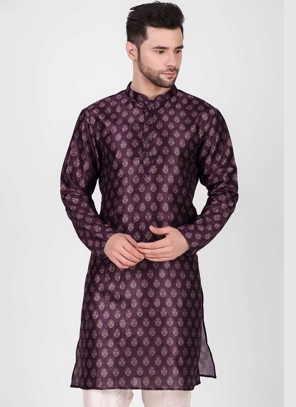 Kurta Pyjama Art Silk Purple Print Mens