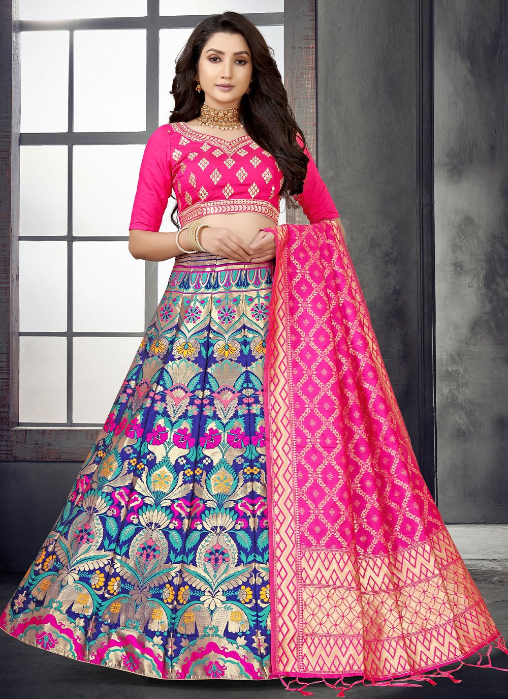 A Line Lehenga Banarasi Silk Multi Colour Mirror Lehenga Choli