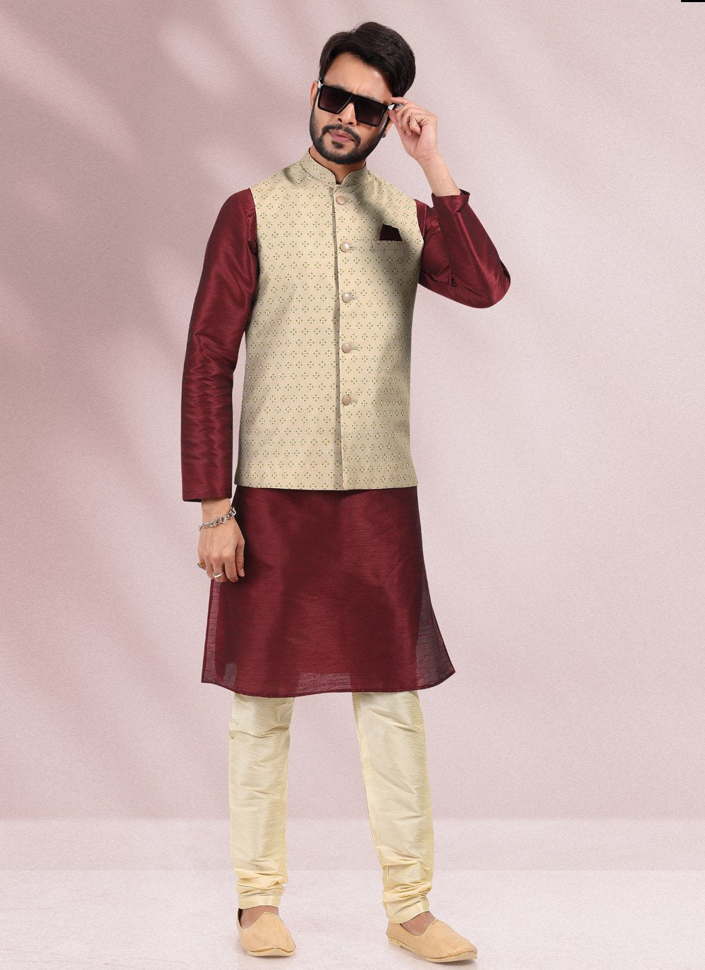 Kurta Payjama With Jacket Banarasi Silk Beige Maroon Print Mens