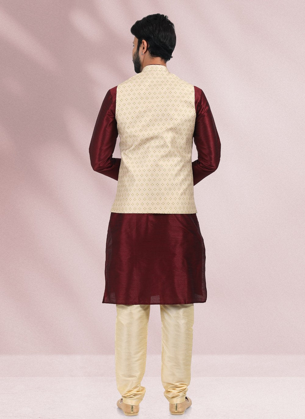 Kurta Payjama With Jacket Banarasi Silk Beige Maroon Print Mens