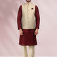 Kurta Payjama With Jacket Banarasi Silk Beige Maroon Print Mens