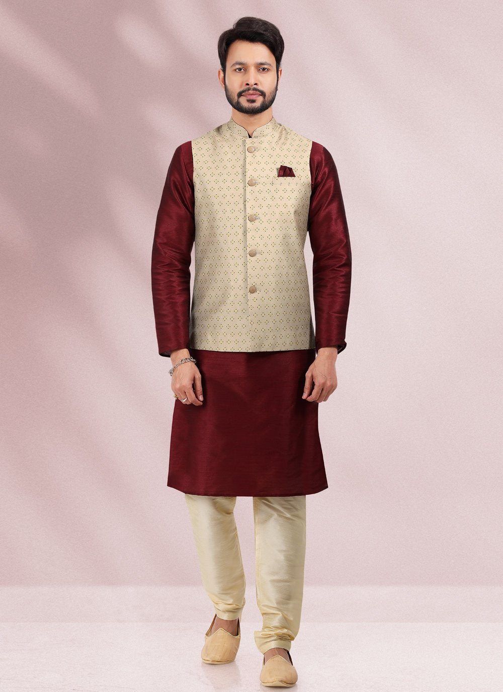 Kurta Payjama With Jacket Banarasi Silk Beige Maroon Print Mens