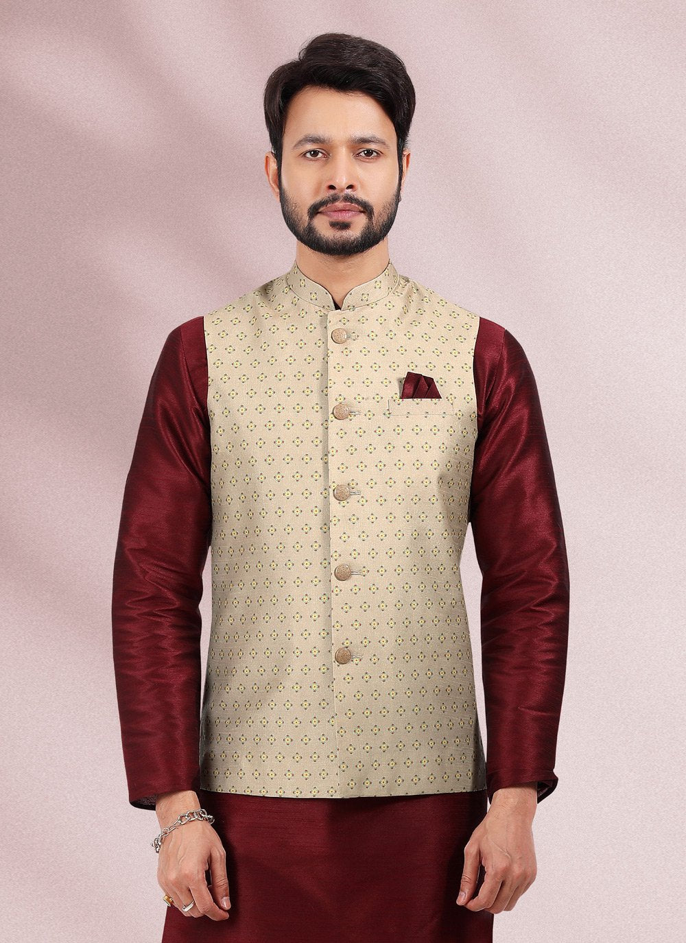 Kurta Payjama With Jacket Banarasi Silk Beige Maroon Print Mens