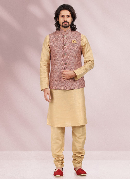 Kurta Payjama With Jacket Banarasi Silk Beige Maroon Print Mens