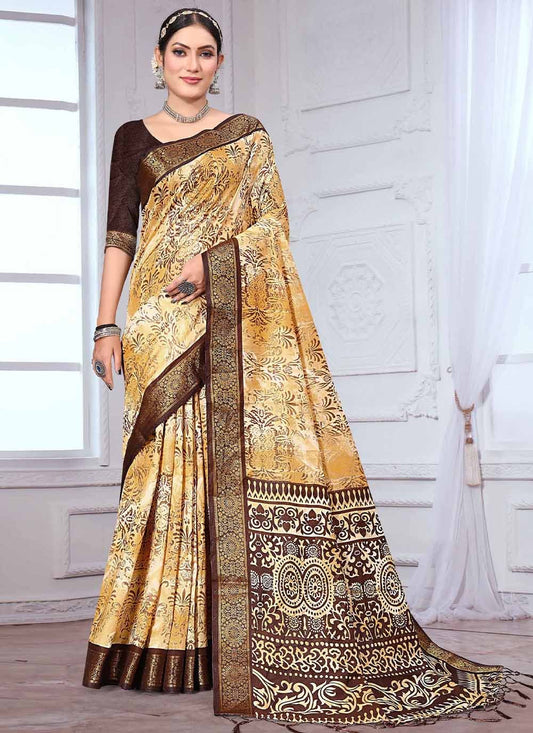 Trendy Saree Banarasi Silk Brown Gold Patch Border Saree