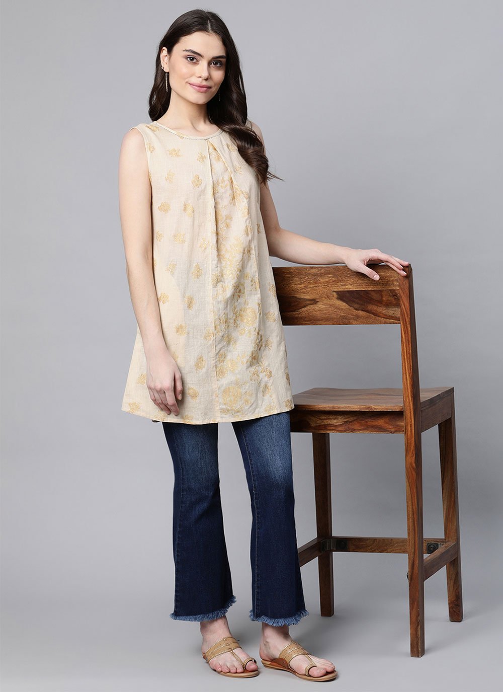 Designer Kurti Cotton Beige Print Kurtis