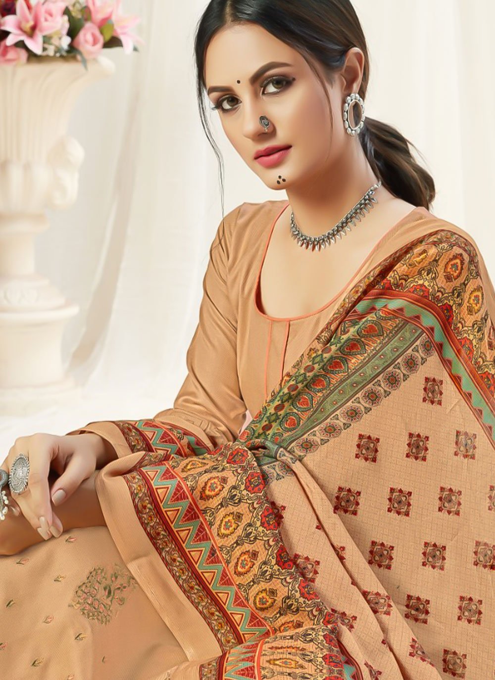 Salwar Suit Pashmina Beige Embroidered Salwar Kameez