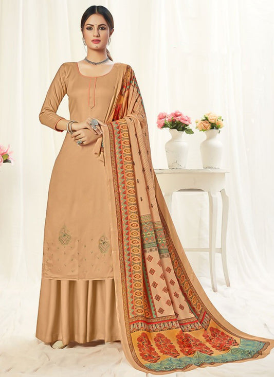 Salwar Suit Pashmina Beige Embroidered Salwar Kameez