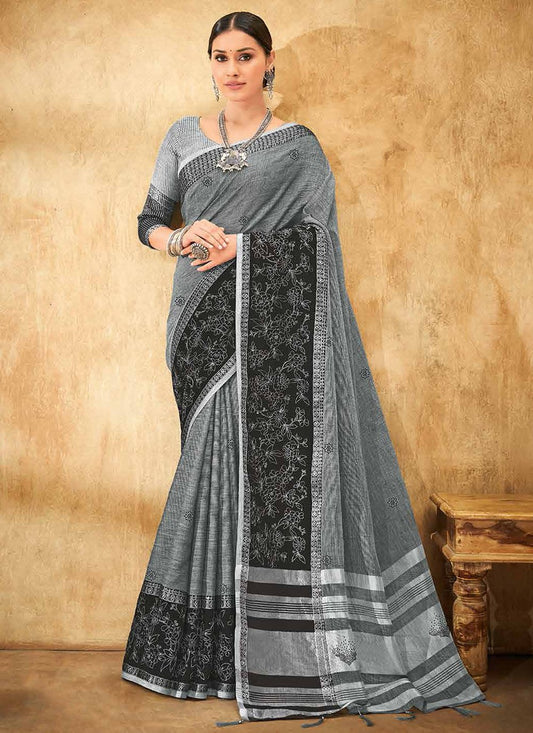 Trendy Saree Linen Black Grey Print Saree
