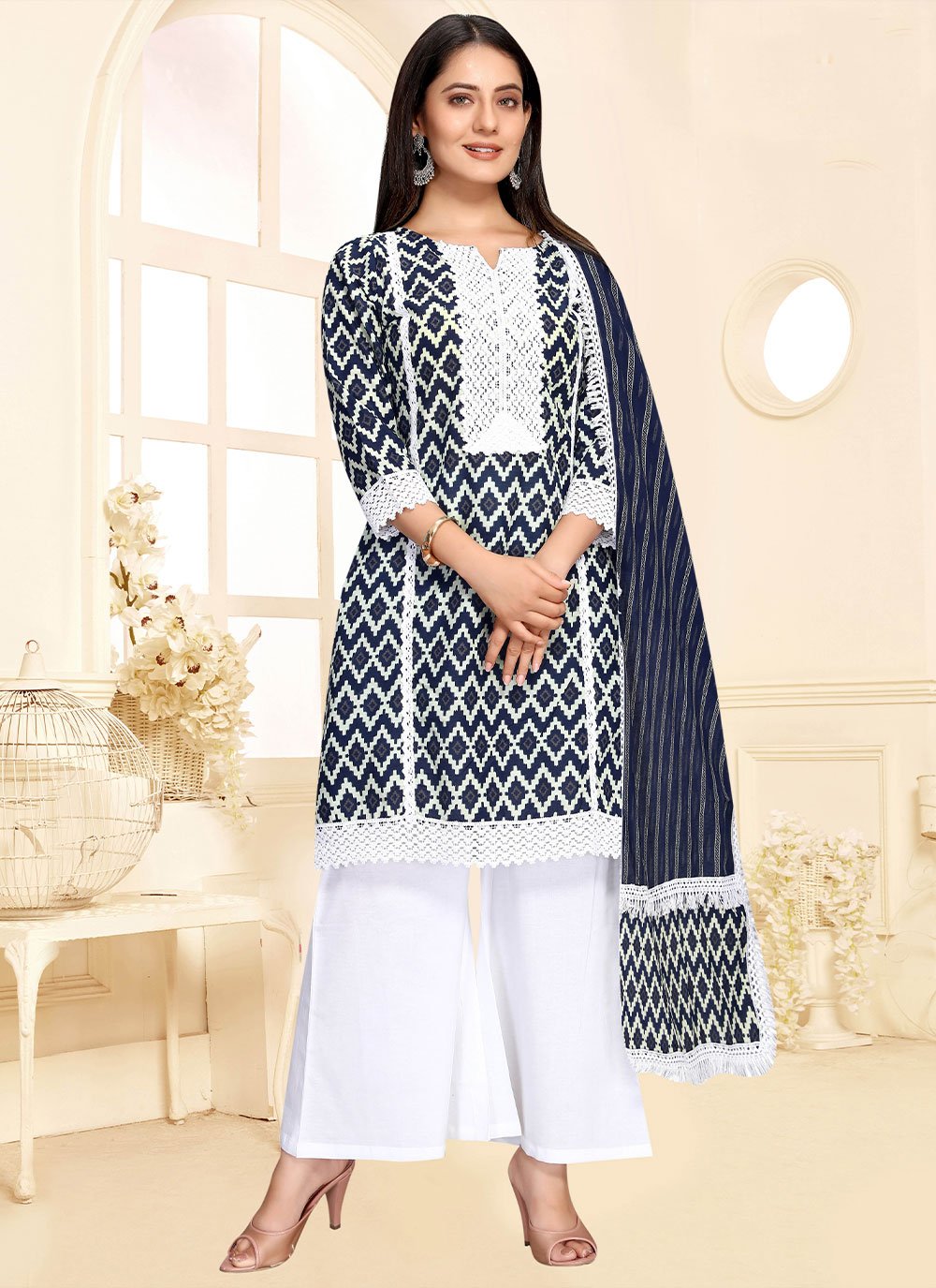 Palazzo Salwar Suit Cotton Black White Print Salwar Kameez