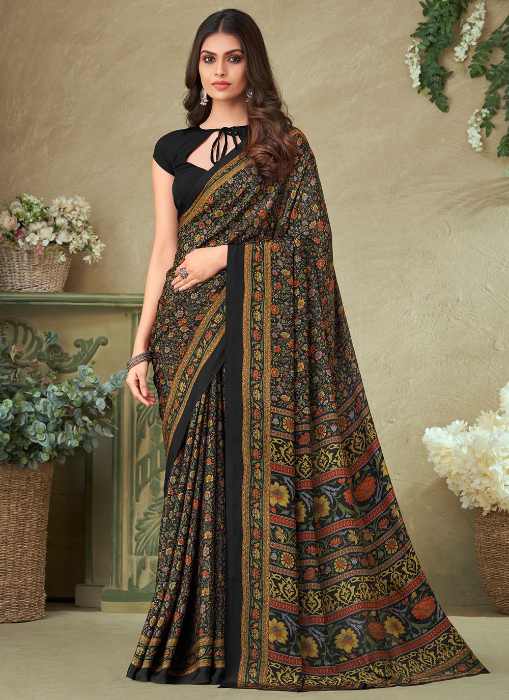 Classic Crepe Silk Black Print Saree