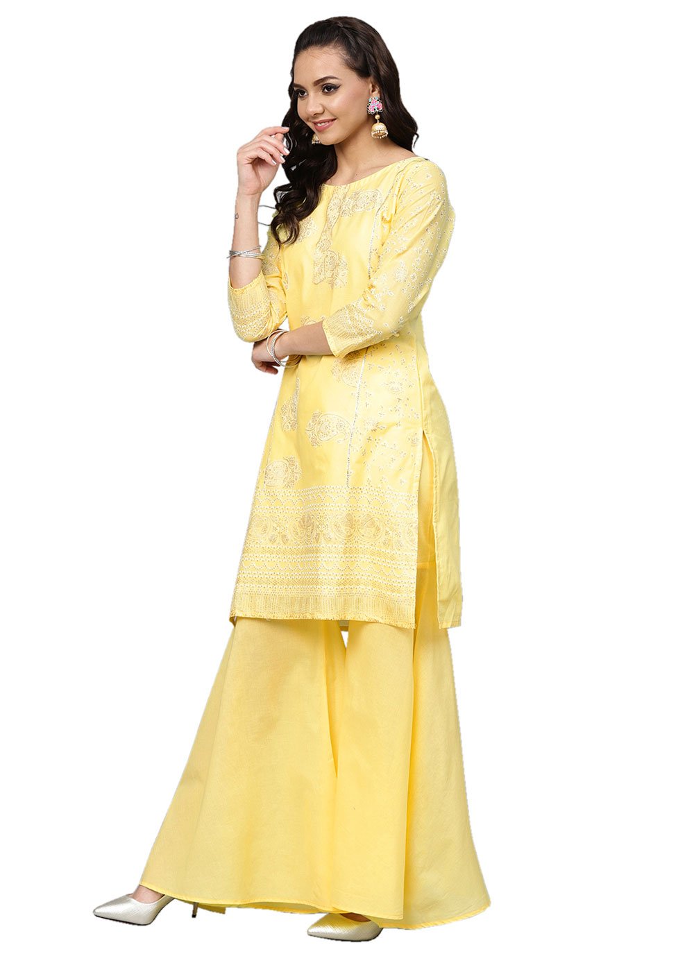 Straight Salwar Suit Blended Cotton Yellow Print Salwar Kameez