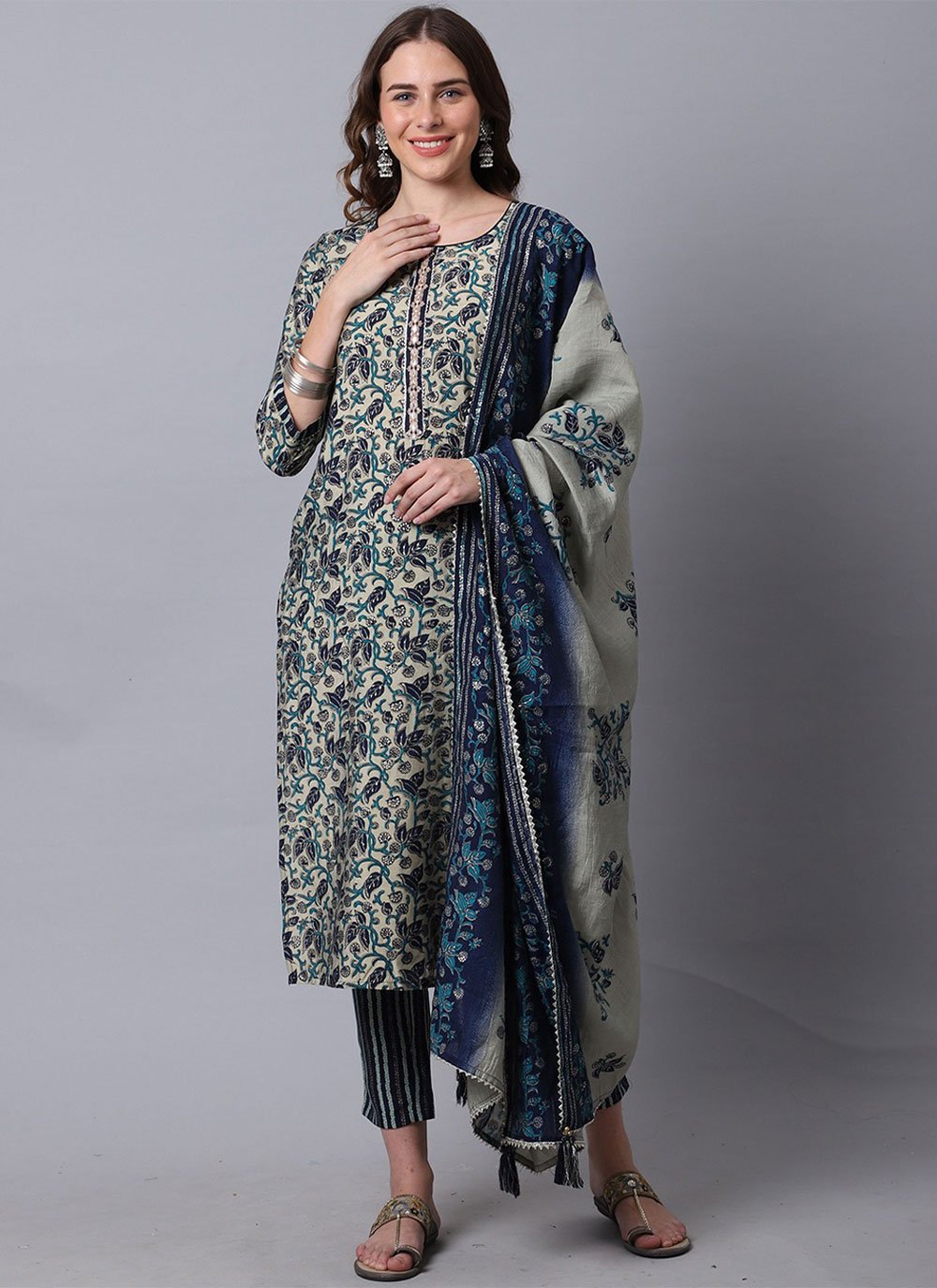 Pant Style Suit Muslin Blue Print Salwar Kameez