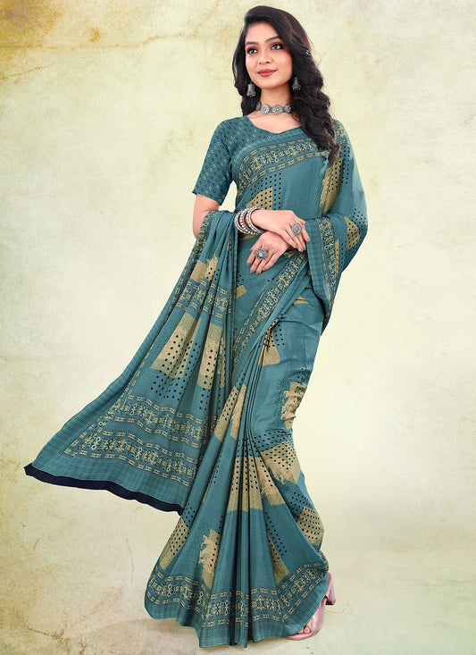 Classic Faux Crepe Blue Print Saree