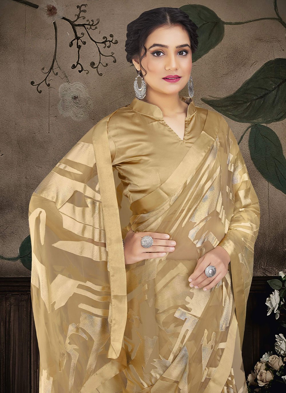 Contemporary Brasso Organza Gold Print Saree