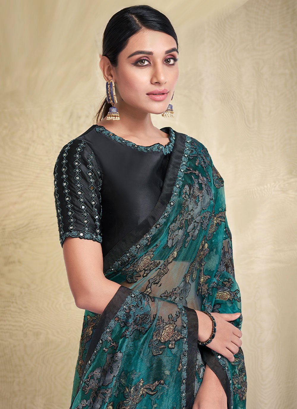 Contemporary Brasso Green Print Saree