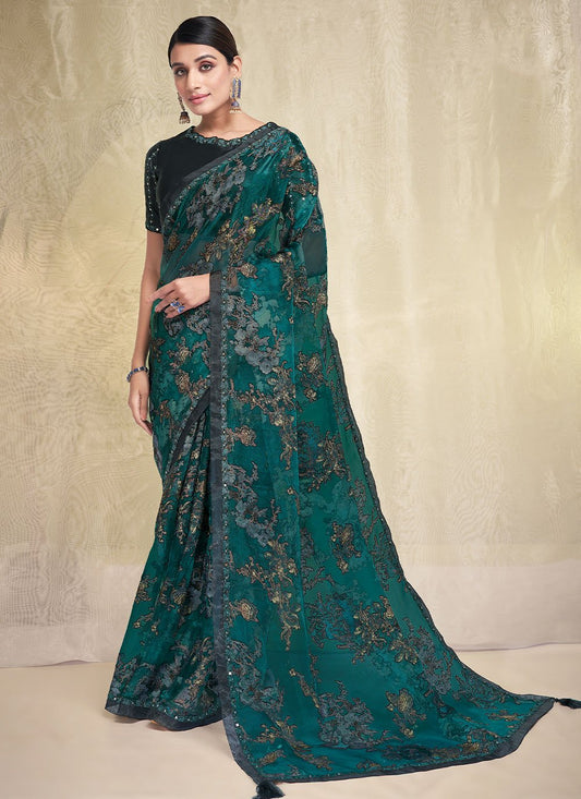 Contemporary Brasso Green Print Saree