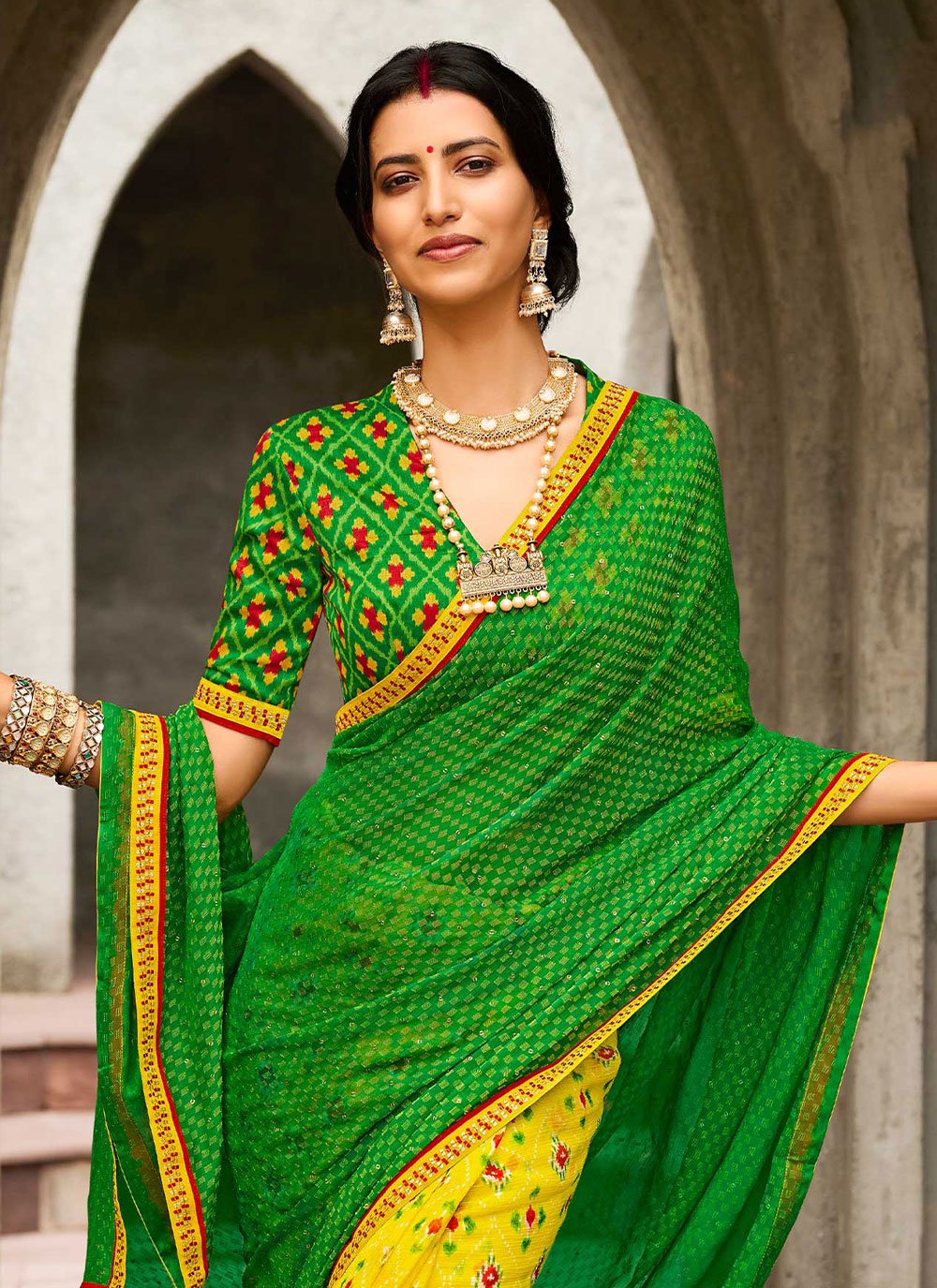 Classic Brasso Green Yellow Print Saree