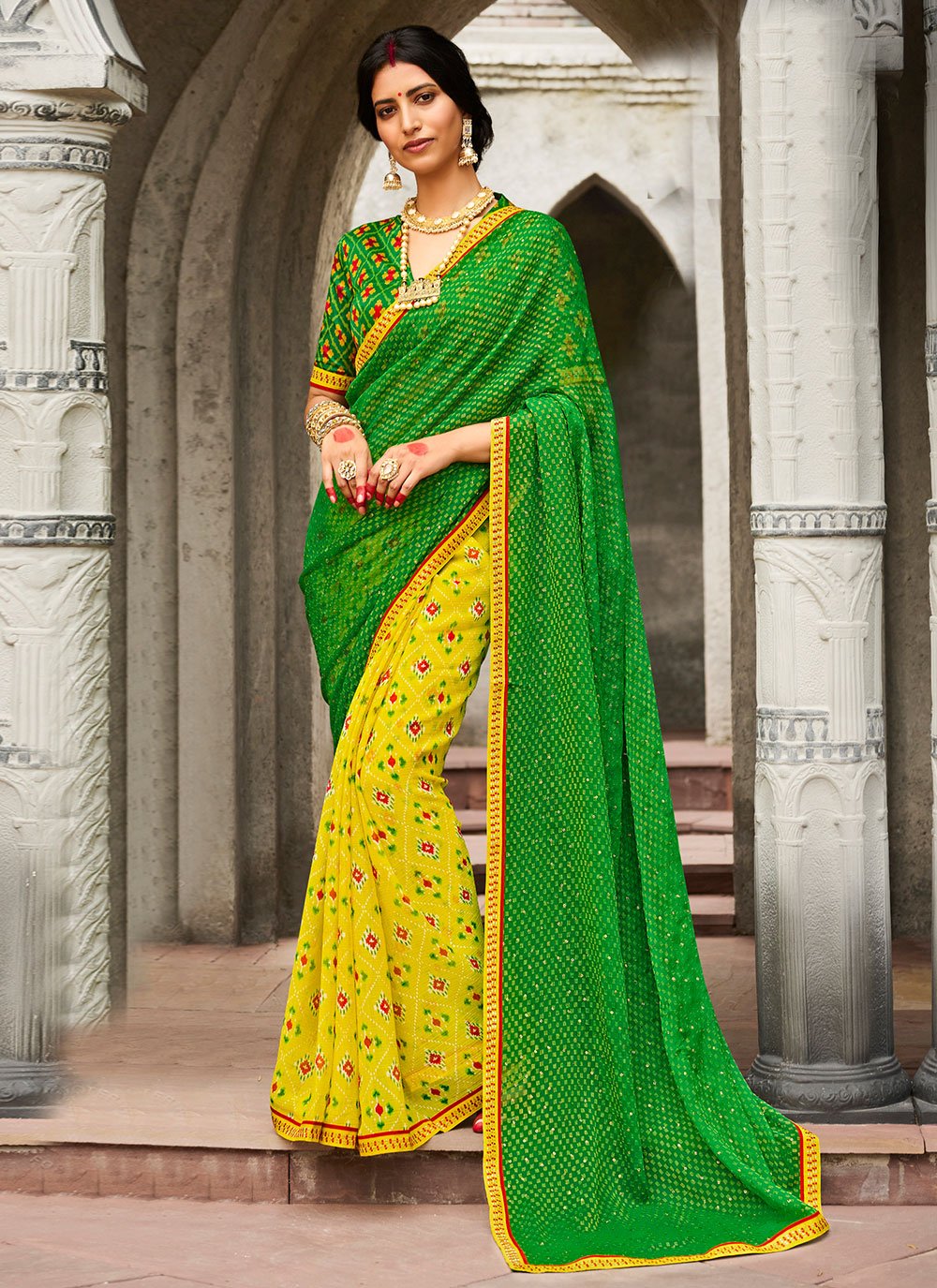 Classic Brasso Green Yellow Print Saree