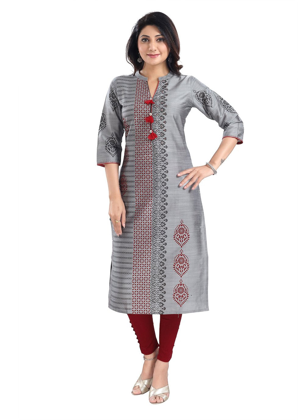 Casual Kurti Silk Blend Grey Print Kurtis