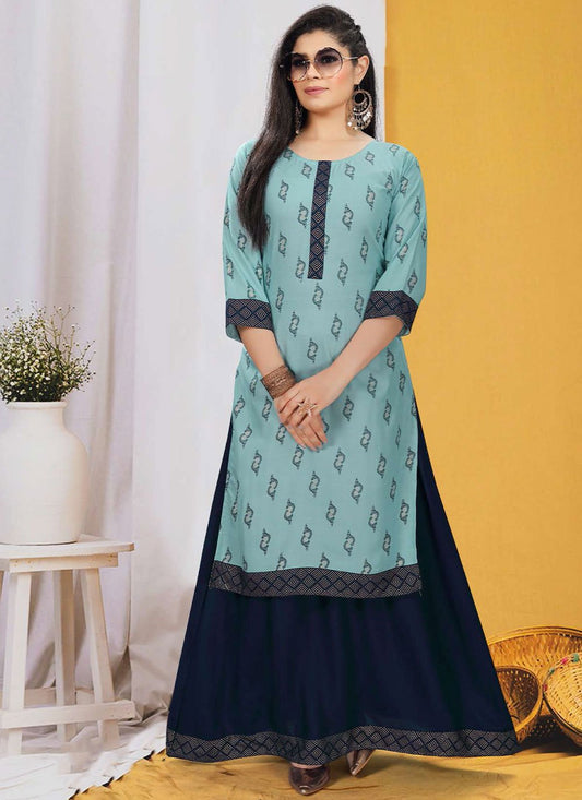 Casual Kurti Rayon Aqua Blue Print Kurtis