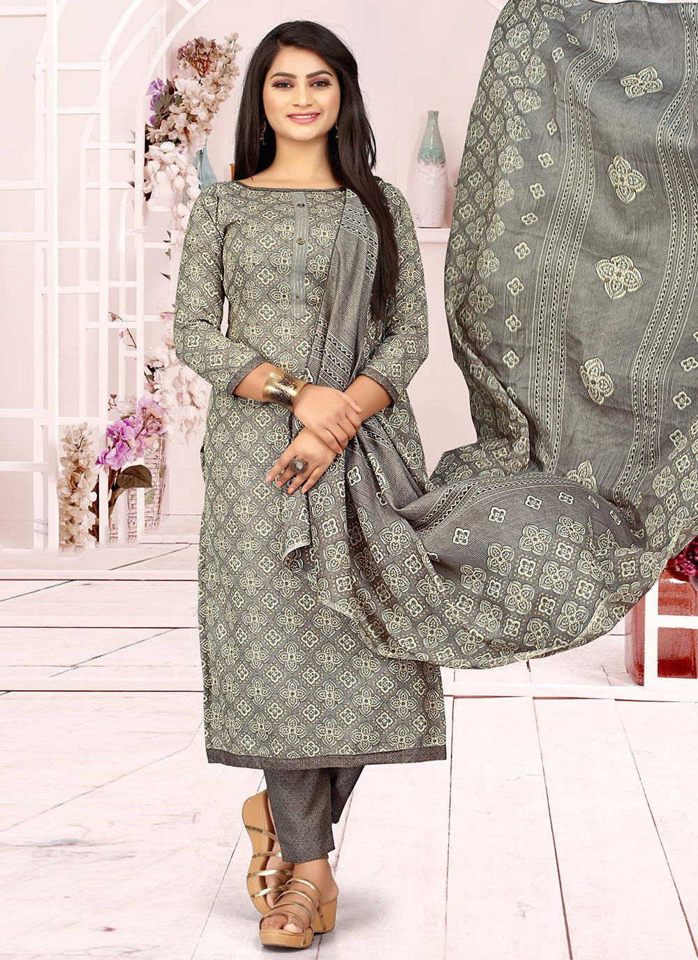 Salwar Suit Cotton Grey Buttons Salwar Kameez