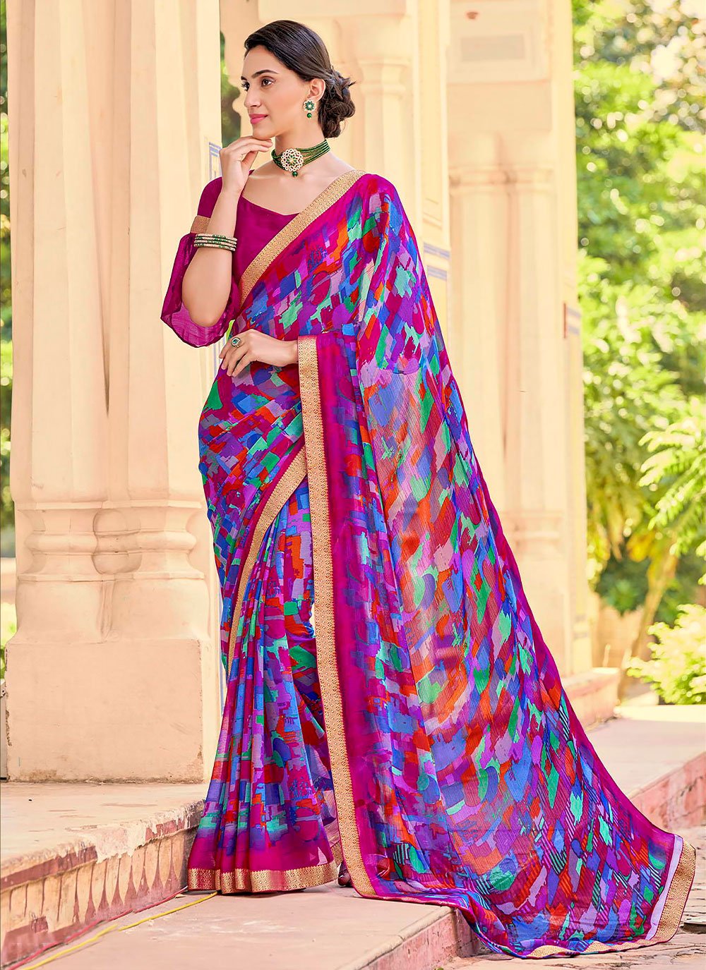 Classic Faux Chiffon Multi Colour Print Saree