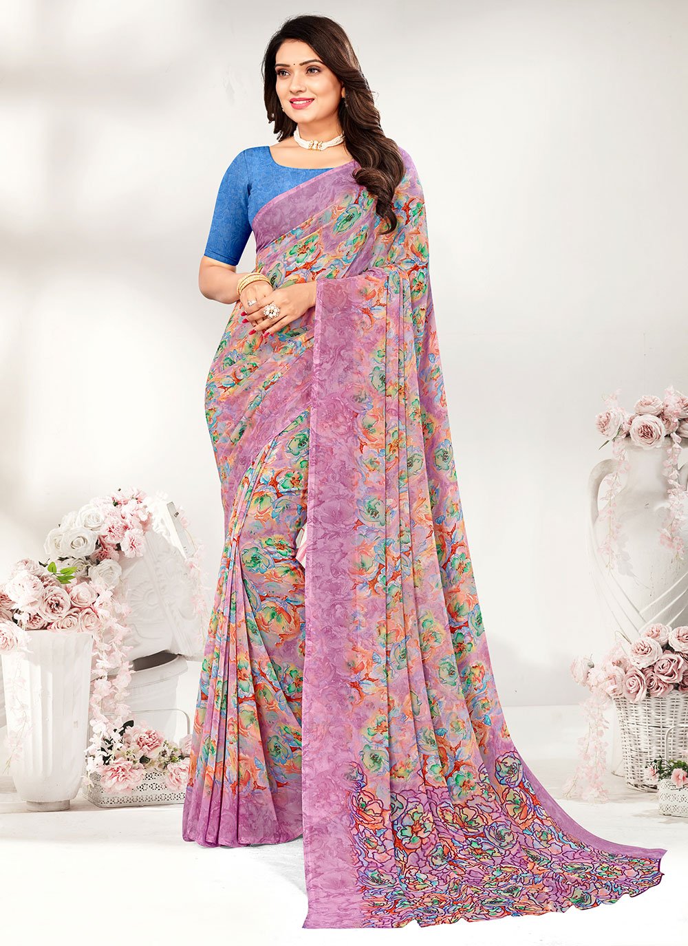 Classic Georgette Purple Print Saree