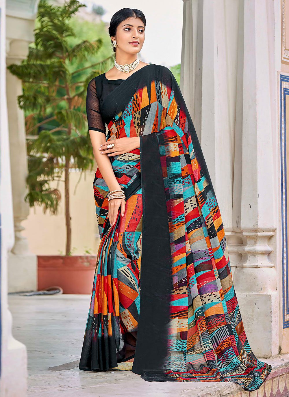 Trendy Saree Faux Chiffon Multi Colour Print Saree