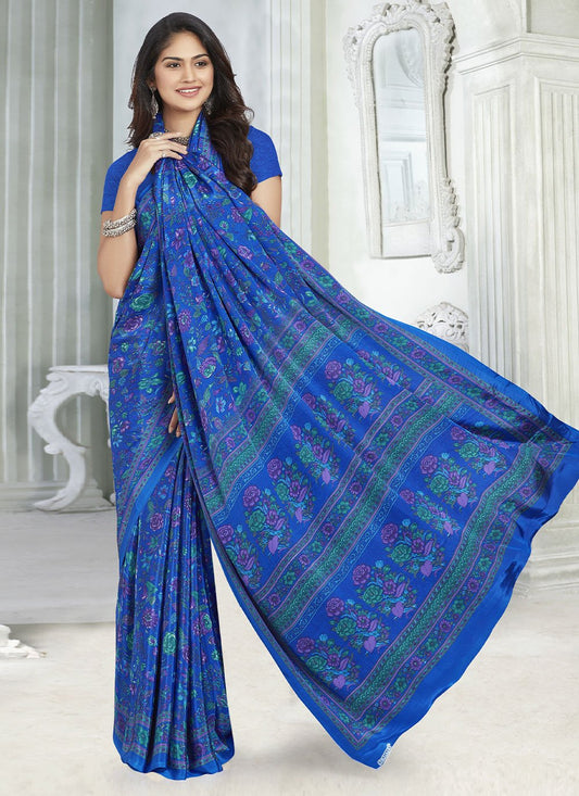 Classic Faux Crepe Blue Print Saree