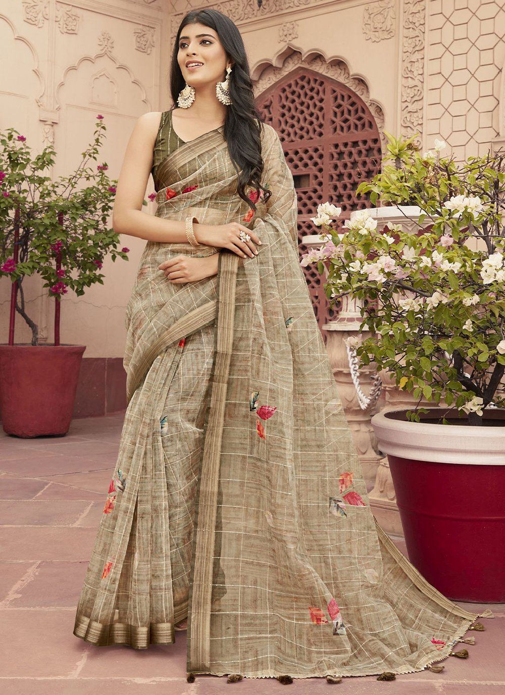 Classic Designer Organza Green Print Saree