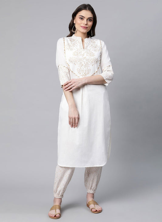 Designer Kurti Cotton White Print Kurtis