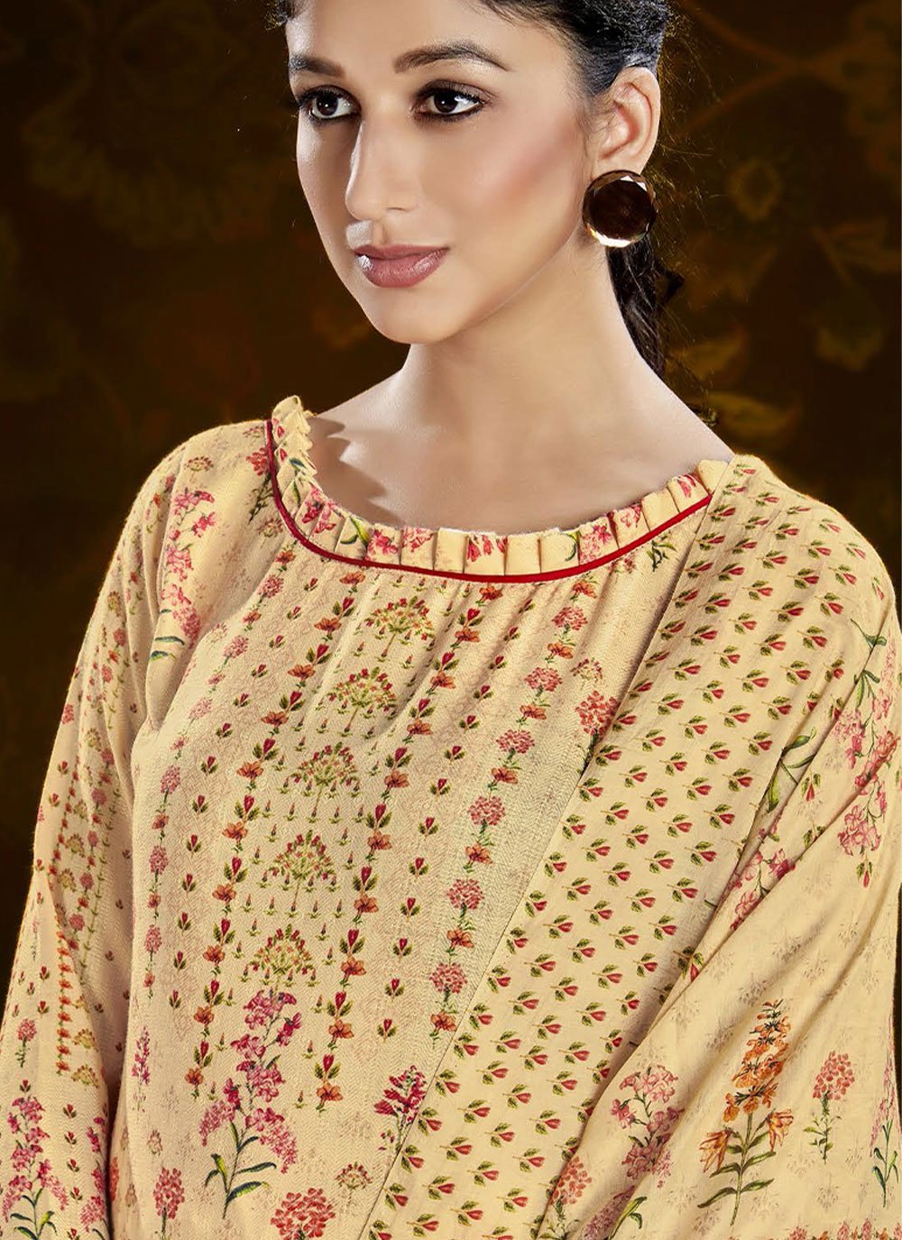 Palazzo Salwar Suit Pashmina Cream Print Salwar Kameez