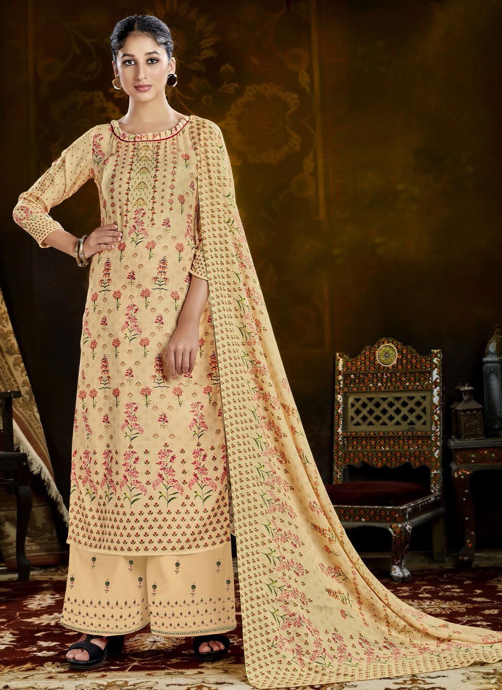 Palazzo Salwar Suit Pashmina Cream Print Salwar Kameez