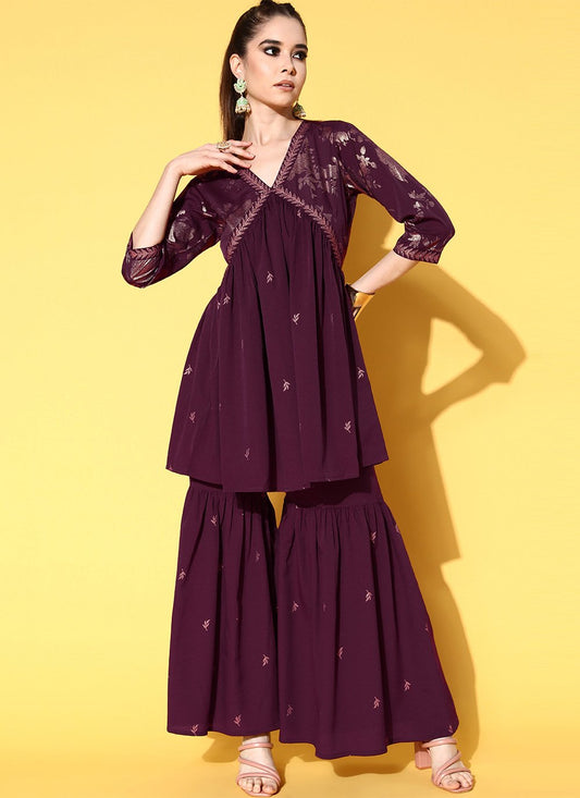 Party Wear Kurti Crepe Silk Wine Print Kurtis