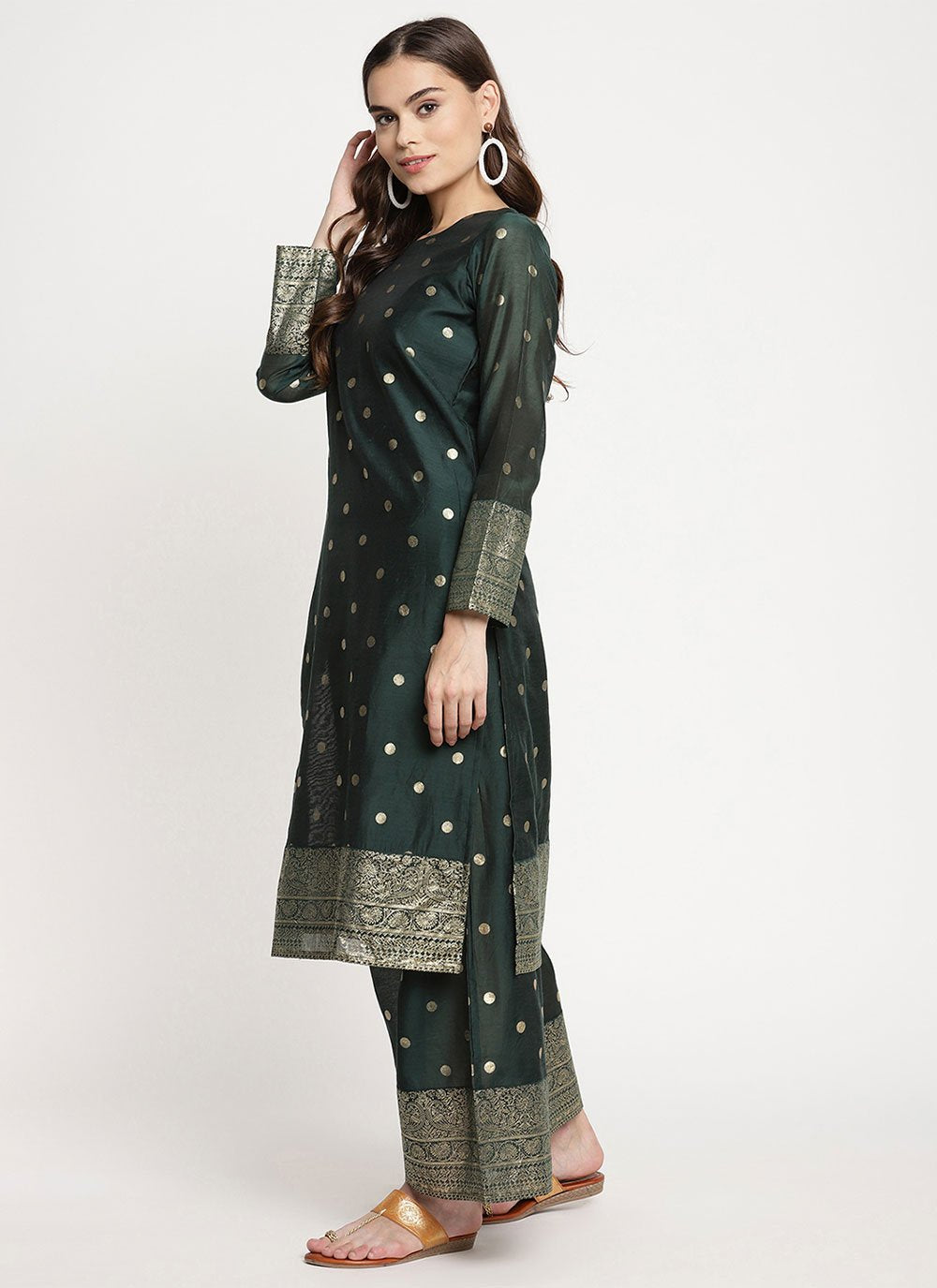 Straight Salwar Suit Chanderi Green Print Salwar Kameez