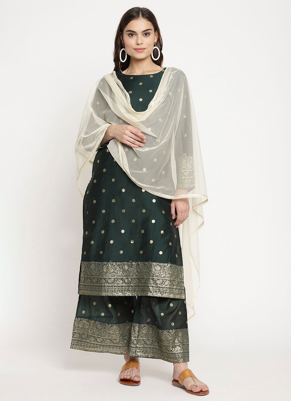 Straight Salwar Suit Chanderi Green Print Salwar Kameez