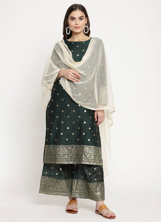 Straight Salwar Suit Chanderi Green Print Salwar Kameez