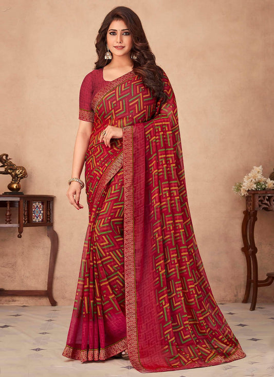 Contemporary Chiffon Red Patch Border Saree