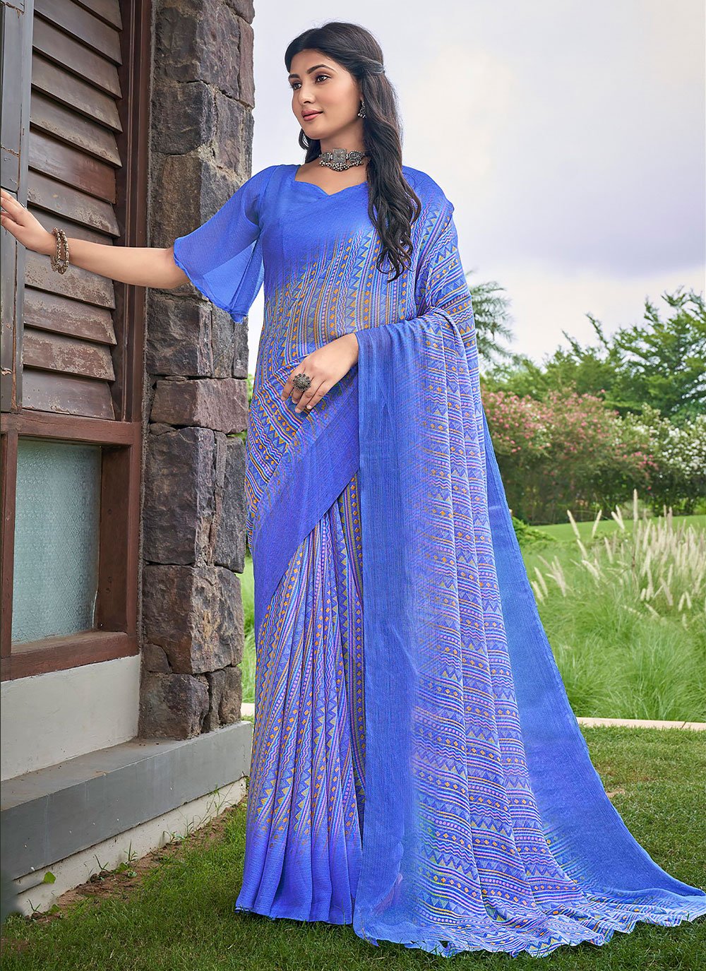 Classic Chiffon Blue Print Saree