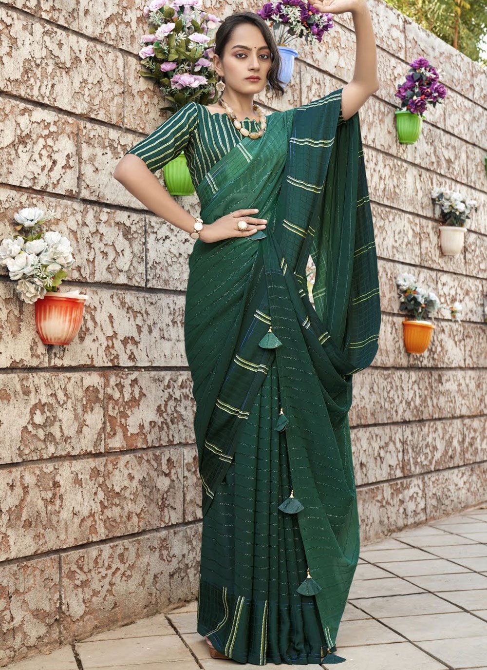 Classic Georgette Viscose Green Patch Border Saree