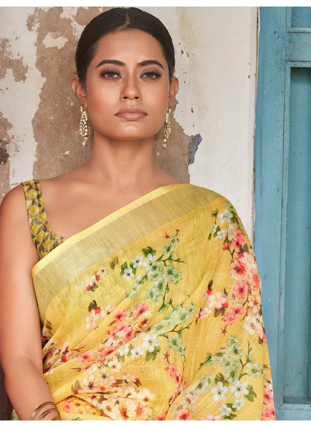 Contemporary Linen Yellow Print Saree