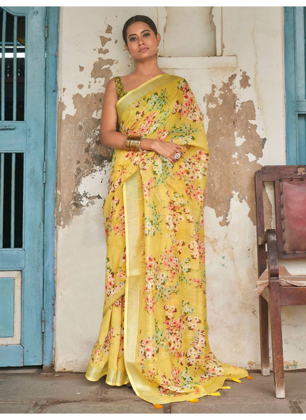 Contemporary Linen Yellow Print Saree