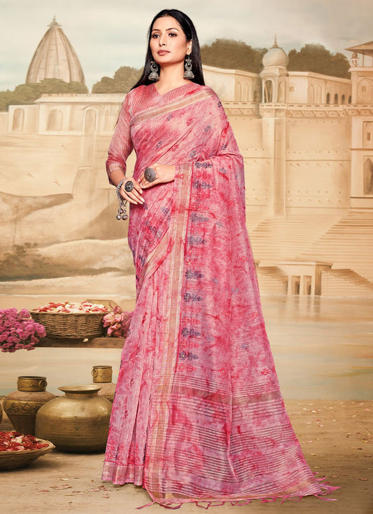 Contemporary Cotton Linen Pink Embroidered Saree