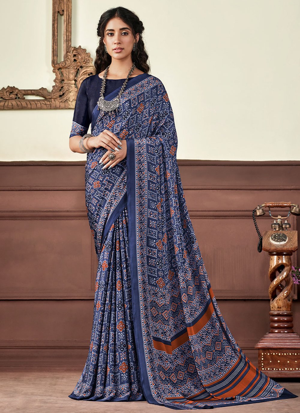 Contemporary Crepe Silk Blue Print Saree