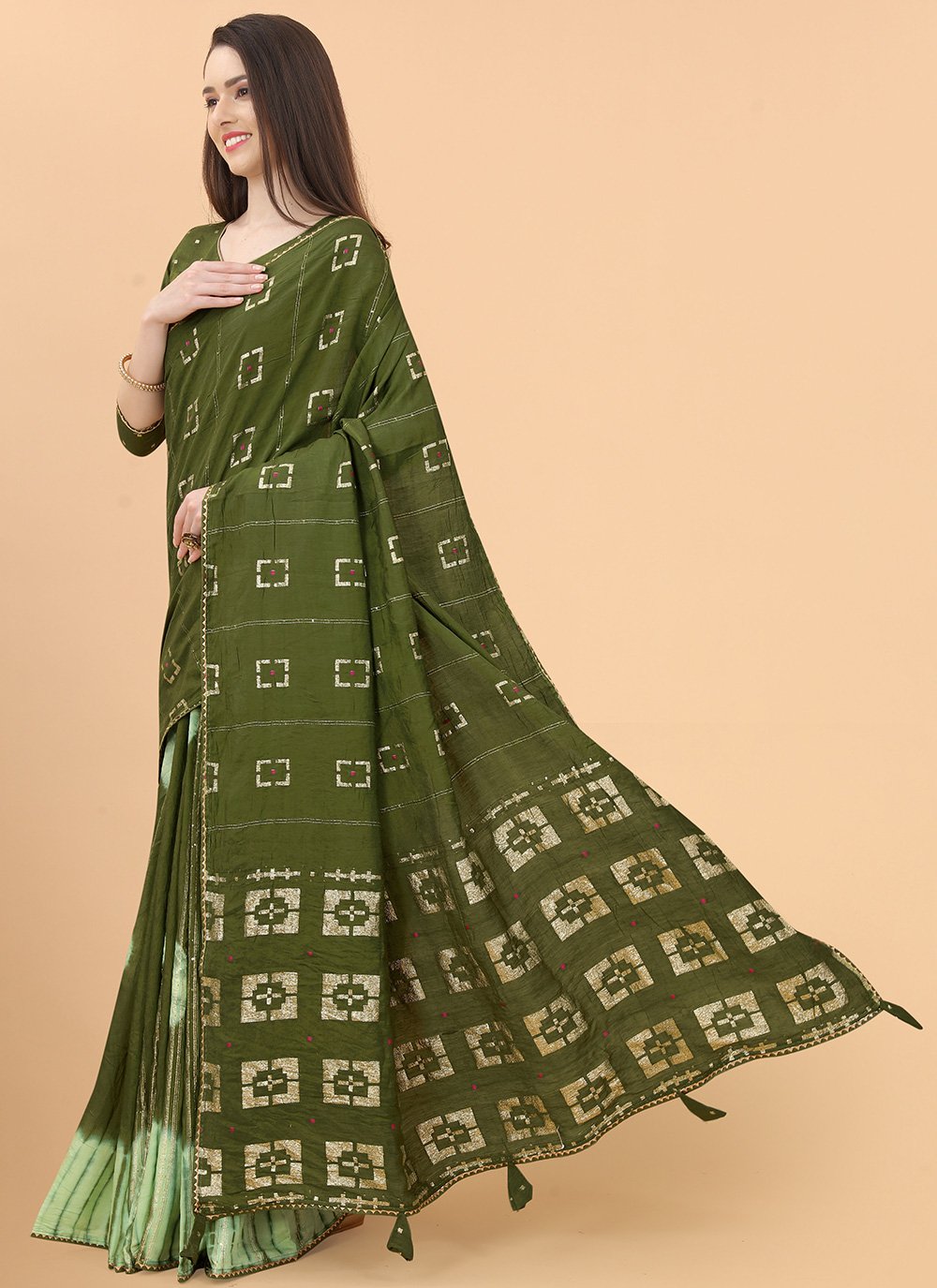 Contemporary Silk Viscose Green Print Saree