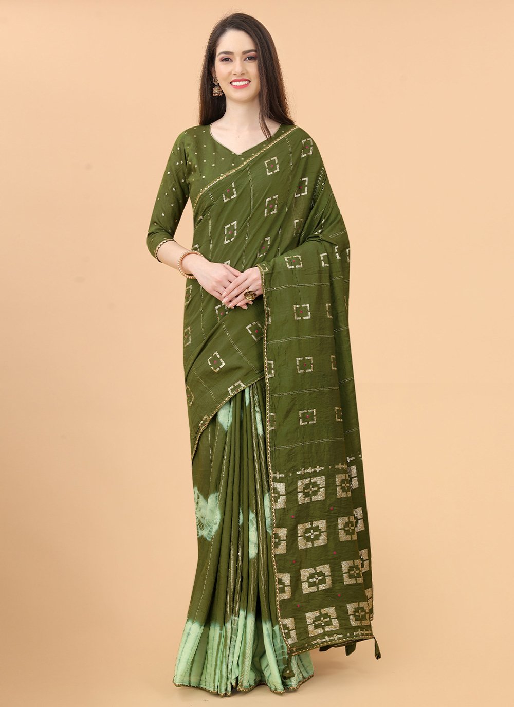 Contemporary Silk Viscose Green Print Saree